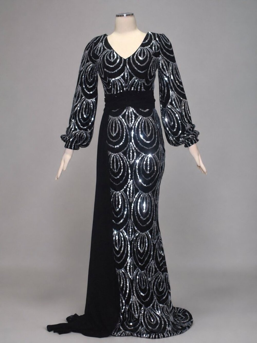 Miss Ord Black Silver Sequin Maxi Evening Gown Dress Long Sleeve Retro Glamour S